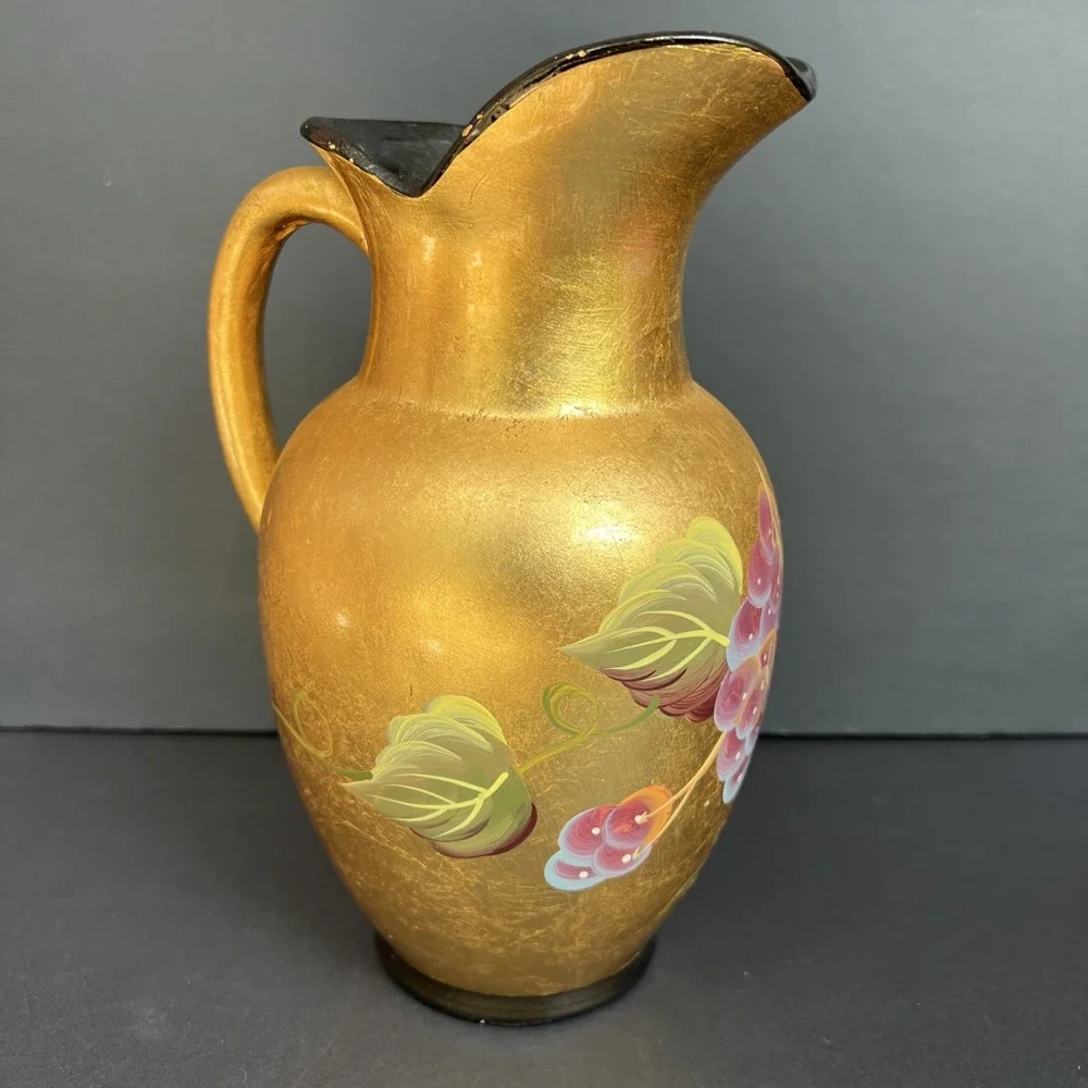 VTG Gold Gilt Hand Painted Fruit Pitcher Vase Stoneware Japan Style 9.5